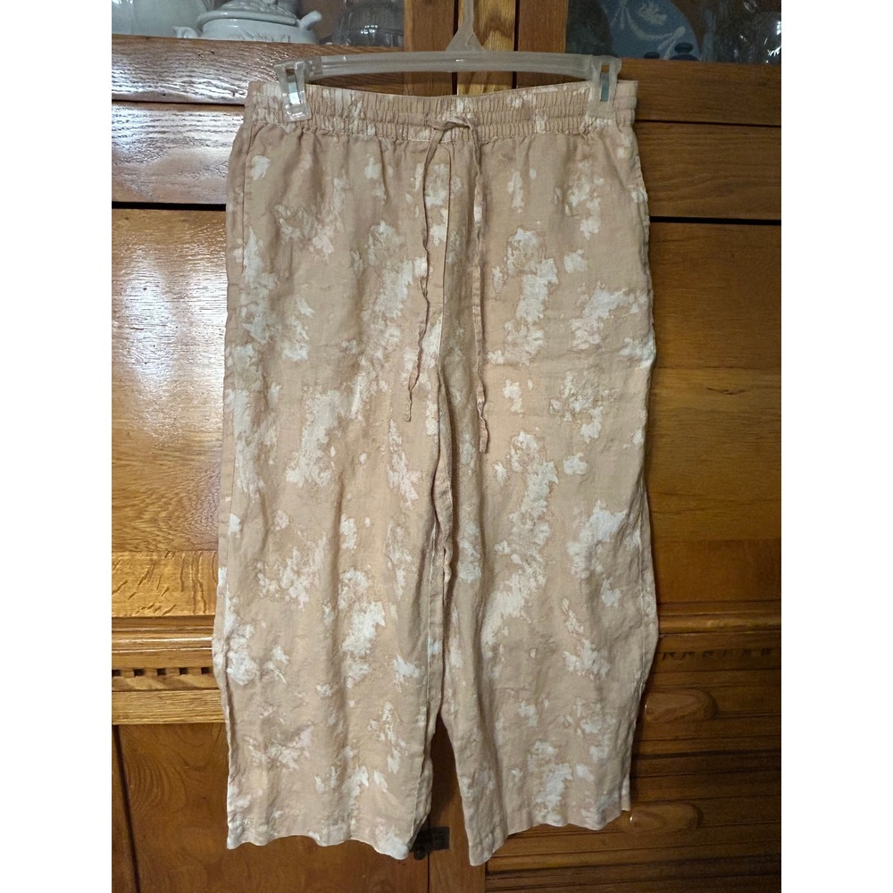 DKNY Pure 100% Linen Boho Chic Wide Leg Drawstring Pants Tan White Tie Dye Print